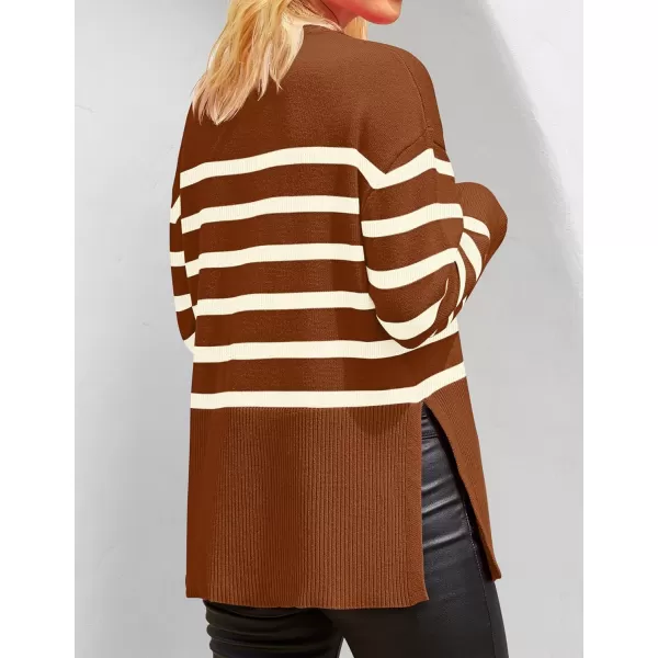 ZESICA Womens 2024 Fall Winter Striped Long Sleeve Crew Neck Ribbed Knit Side Slit Oversized Pullover Sweater Jumper TopCaramel