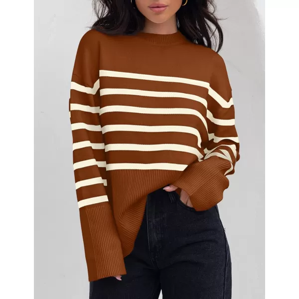 ZESICA Womens 2024 Fall Winter Striped Long Sleeve Crew Neck Ribbed Knit Side Slit Oversized Pullover Sweater Jumper TopCaramel