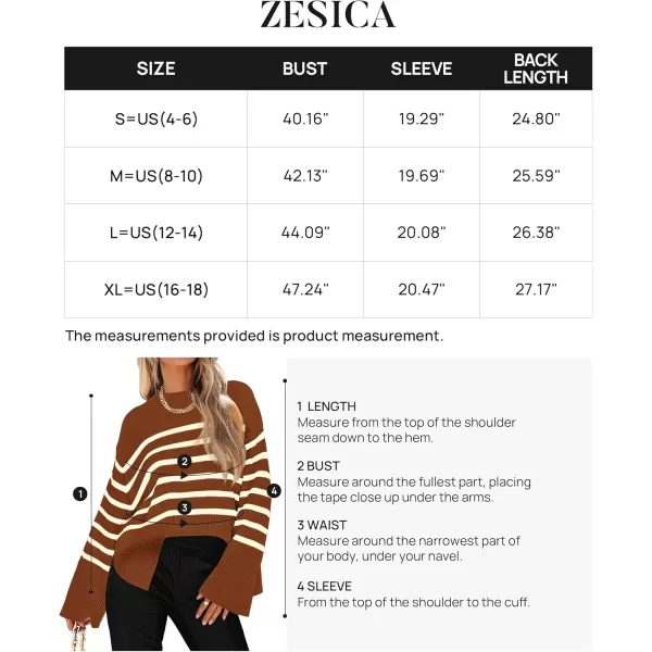 ZESICA Womens 2024 Fall Winter Striped Long Sleeve Crew Neck Ribbed Knit Side Slit Oversized Pullover Sweater Jumper TopCaramel