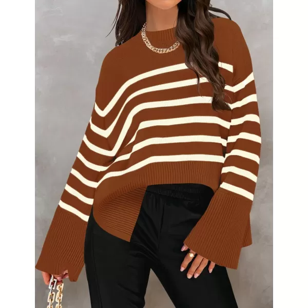 ZESICA Womens 2024 Fall Winter Striped Long Sleeve Crew Neck Ribbed Knit Side Slit Oversized Pullover Sweater Jumper TopCaramel