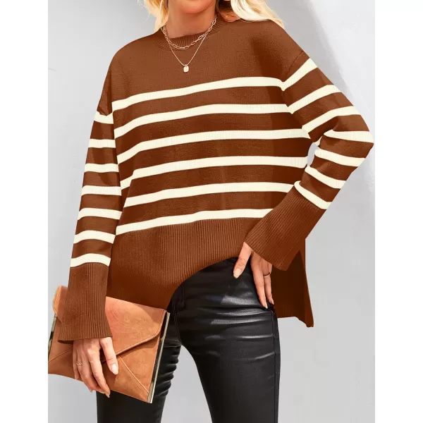 ZESICA Womens 2024 Fall Winter Striped Long Sleeve Crew Neck Ribbed Knit Side Slit Oversized Pullover Sweater Jumper TopCaramel