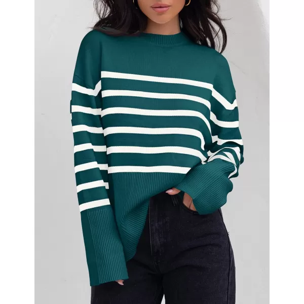 ZESICA Womens 2024 Fall Winter Striped Long Sleeve Crew Neck Ribbed Knit Side Slit Oversized Pullover Sweater Jumper TopDarkgreen