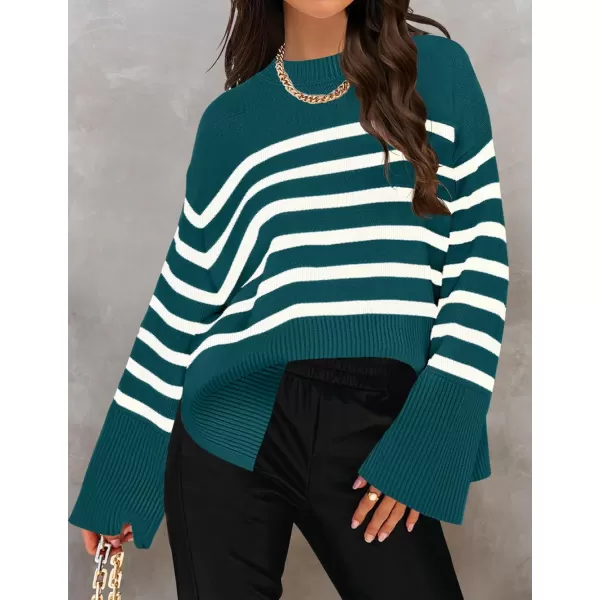 ZESICA Womens 2024 Fall Winter Striped Long Sleeve Crew Neck Ribbed Knit Side Slit Oversized Pullover Sweater Jumper TopDarkgreen