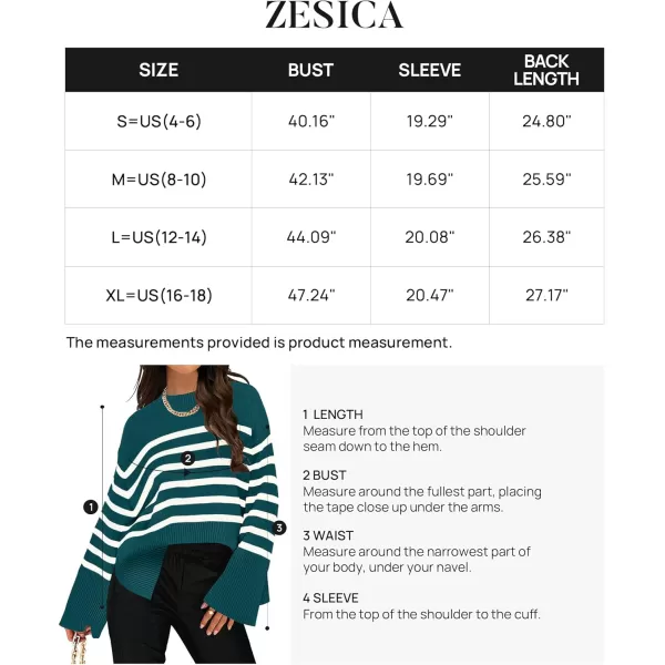 ZESICA Womens 2024 Fall Winter Striped Long Sleeve Crew Neck Ribbed Knit Side Slit Oversized Pullover Sweater Jumper TopDarkgreen