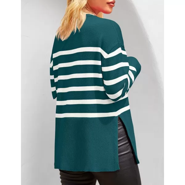 ZESICA Womens 2024 Fall Winter Striped Long Sleeve Crew Neck Ribbed Knit Side Slit Oversized Pullover Sweater Jumper TopDarkgreen