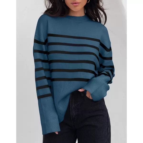 ZESICA Womens 2024 Fall Winter Striped Long Sleeve Crew Neck Ribbed Knit Side Slit Oversized Pullover Sweater Jumper TopDustyblue