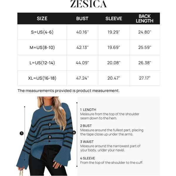 ZESICA Womens 2024 Fall Winter Striped Long Sleeve Crew Neck Ribbed Knit Side Slit Oversized Pullover Sweater Jumper TopDustyblue