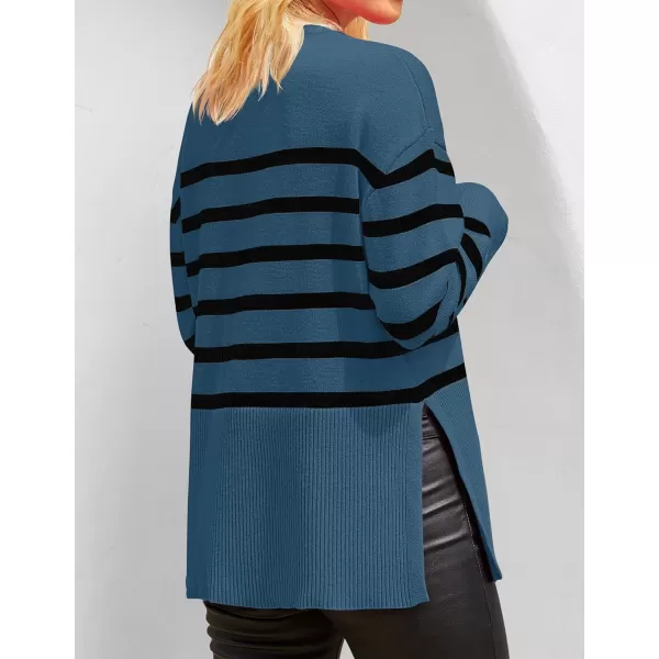 ZESICA Womens 2024 Fall Winter Striped Long Sleeve Crew Neck Ribbed Knit Side Slit Oversized Pullover Sweater Jumper TopDustyblue