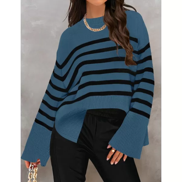 ZESICA Womens 2024 Fall Winter Striped Long Sleeve Crew Neck Ribbed Knit Side Slit Oversized Pullover Sweater Jumper TopDustyblue