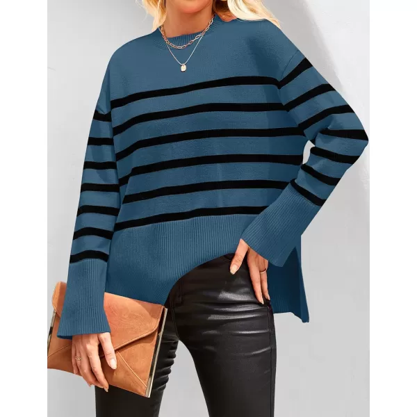 ZESICA Womens 2024 Fall Winter Striped Long Sleeve Crew Neck Ribbed Knit Side Slit Oversized Pullover Sweater Jumper TopDustyblue