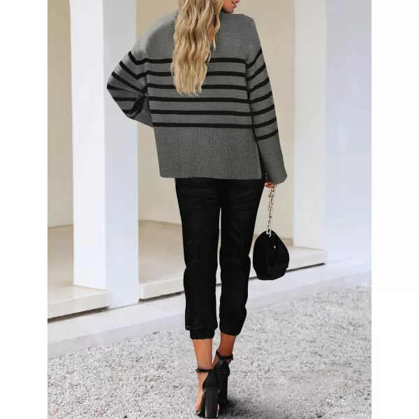 ZESICA Womens 2024 Fall Winter Striped Long Sleeve Crew Neck Ribbed Knit Side Slit Oversized Pullover Sweater Jumper TopGrey
