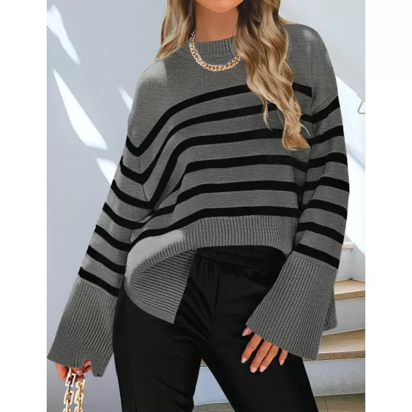 ZESICA Womens 2024 Fall Winter Striped Long Sleeve Crew Neck Ribbed Knit Side Slit Oversized Pullover Sweater Jumper TopGrey