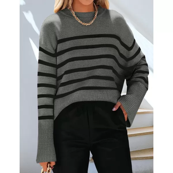 ZESICA Womens 2024 Fall Winter Striped Long Sleeve Crew Neck Ribbed Knit Side Slit Oversized Pullover Sweater Jumper TopGrey