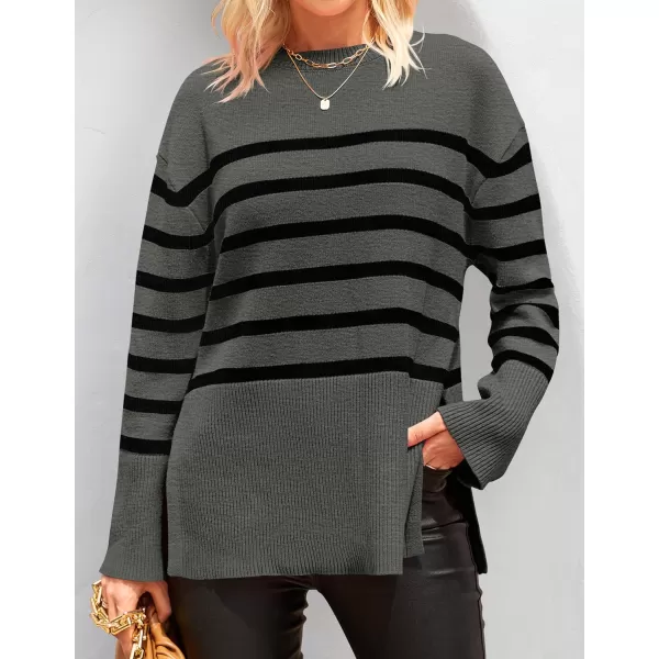 ZESICA Womens 2024 Fall Winter Striped Long Sleeve Crew Neck Ribbed Knit Side Slit Oversized Pullover Sweater Jumper TopGrey