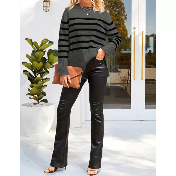 ZESICA Womens 2024 Fall Winter Striped Long Sleeve Crew Neck Ribbed Knit Side Slit Oversized Pullover Sweater Jumper TopGrey