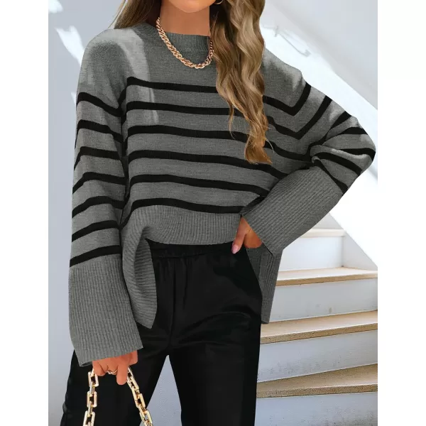 ZESICA Womens 2024 Fall Winter Striped Long Sleeve Crew Neck Ribbed Knit Side Slit Oversized Pullover Sweater Jumper TopGrey