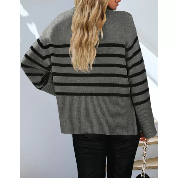 ZESICA Womens 2024 Fall Winter Striped Long Sleeve Crew Neck Ribbed Knit Side Slit Oversized Pullover Sweater Jumper TopGrey