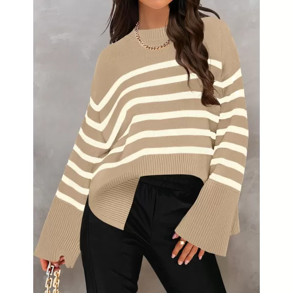 ZESICA Womens 2024 Fall Winter Striped Long Sleeve Crew Neck Ribbed Knit Side Slit Oversized Pullover Sweater Jumper TopKhaki