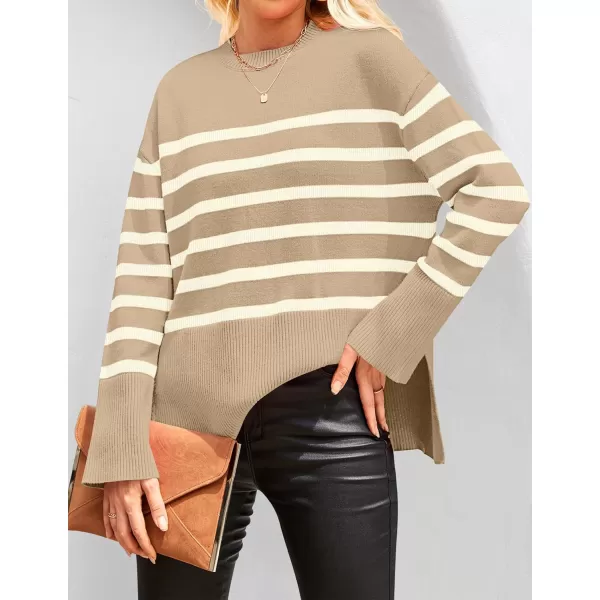 ZESICA Womens 2024 Fall Winter Striped Long Sleeve Crew Neck Ribbed Knit Side Slit Oversized Pullover Sweater Jumper TopKhaki