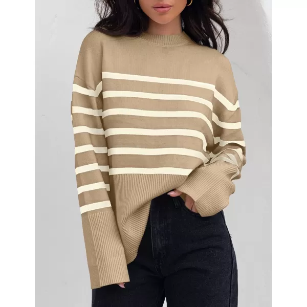 ZESICA Womens 2024 Fall Winter Striped Long Sleeve Crew Neck Ribbed Knit Side Slit Oversized Pullover Sweater Jumper TopKhaki