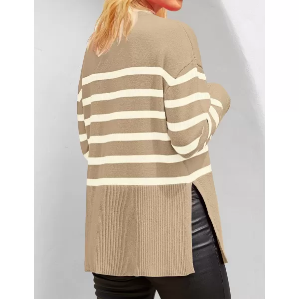 ZESICA Womens 2024 Fall Winter Striped Long Sleeve Crew Neck Ribbed Knit Side Slit Oversized Pullover Sweater Jumper TopKhaki