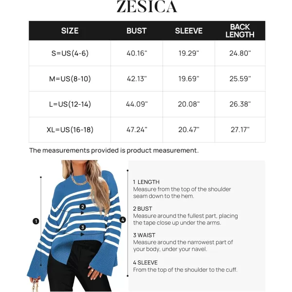ZESICA Womens 2024 Fall Winter Striped Long Sleeve Crew Neck Ribbed Knit Side Slit Oversized Pullover Sweater Jumper TopLakeblue