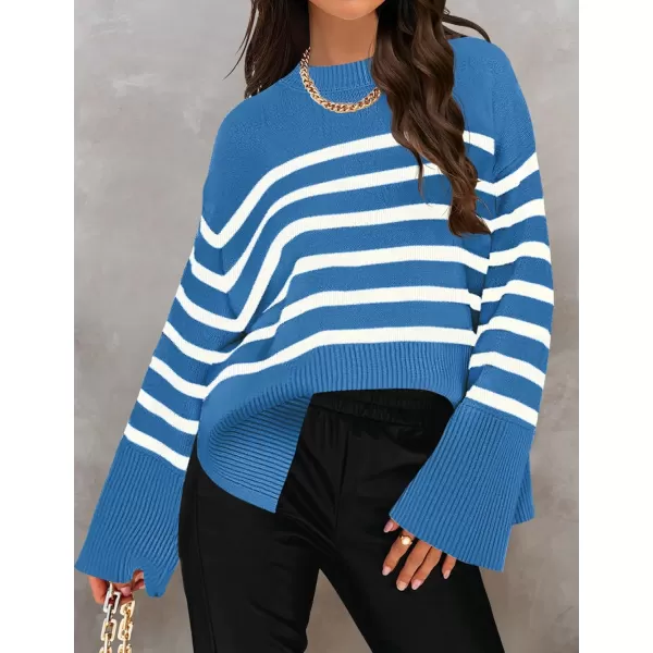 ZESICA Womens 2024 Fall Winter Striped Long Sleeve Crew Neck Ribbed Knit Side Slit Oversized Pullover Sweater Jumper TopLakeblue