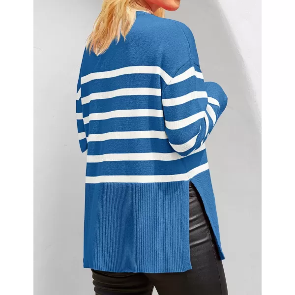 ZESICA Womens 2024 Fall Winter Striped Long Sleeve Crew Neck Ribbed Knit Side Slit Oversized Pullover Sweater Jumper TopLakeblue