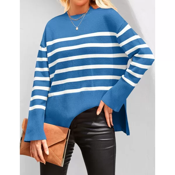 ZESICA Womens 2024 Fall Winter Striped Long Sleeve Crew Neck Ribbed Knit Side Slit Oversized Pullover Sweater Jumper TopLakeblue
