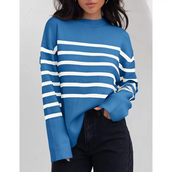 ZESICA Womens 2024 Fall Winter Striped Long Sleeve Crew Neck Ribbed Knit Side Slit Oversized Pullover Sweater Jumper TopLakeblue
