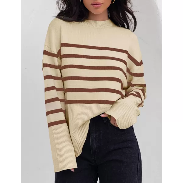 ZESICA Womens 2024 Fall Winter Striped Long Sleeve Crew Neck Ribbed Knit Side Slit Oversized Pullover Sweater Jumper TopLightcoffee