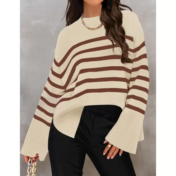 ZESICA Womens 2024 Fall Winter Striped Long Sleeve Crew Neck Ribbed Knit Side Slit Oversized Pullover Sweater Jumper TopLightcoffee