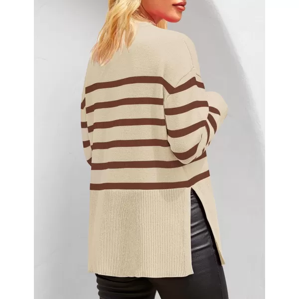 ZESICA Womens 2024 Fall Winter Striped Long Sleeve Crew Neck Ribbed Knit Side Slit Oversized Pullover Sweater Jumper TopLightcoffee