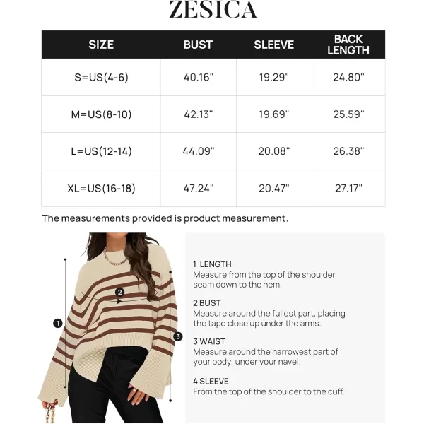 ZESICA Womens 2024 Fall Winter Striped Long Sleeve Crew Neck Ribbed Knit Side Slit Oversized Pullover Sweater Jumper TopLightcoffee