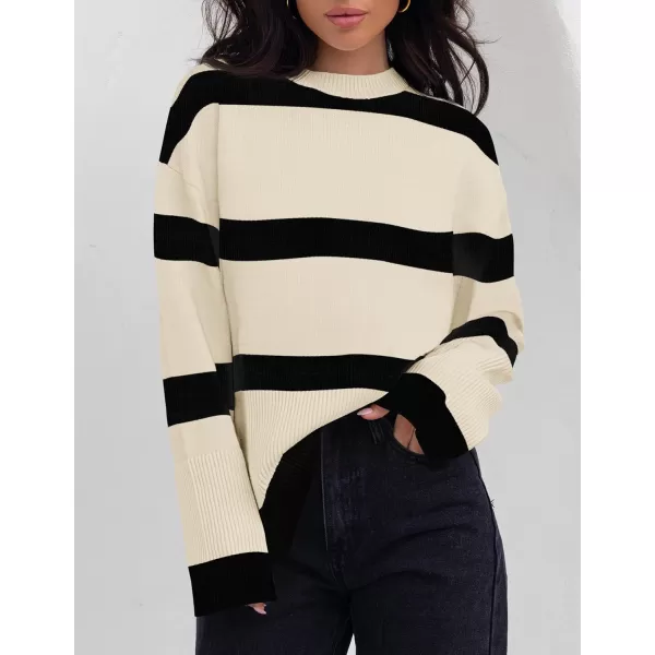ZESICA Womens 2024 Fall Winter Striped Long Sleeve Crew Neck Ribbed Knit Side Slit Oversized Pullover Sweater Jumper TopNatural