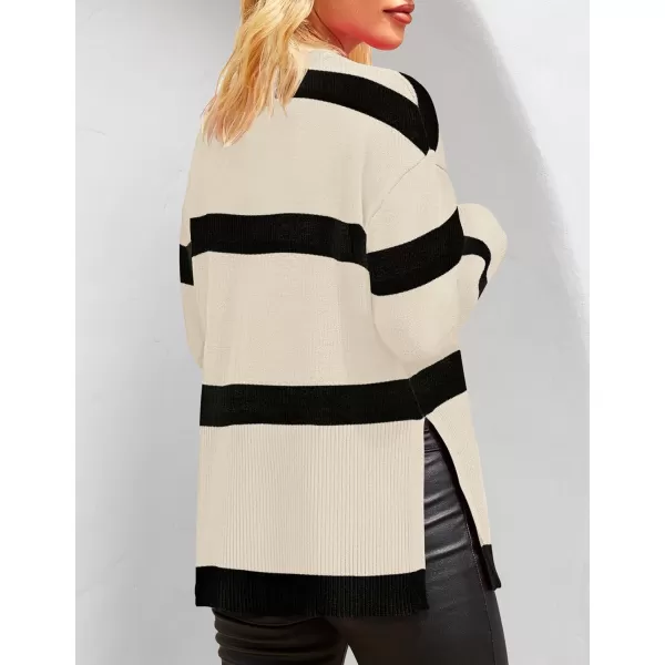 ZESICA Womens 2024 Fall Winter Striped Long Sleeve Crew Neck Ribbed Knit Side Slit Oversized Pullover Sweater Jumper TopNatural
