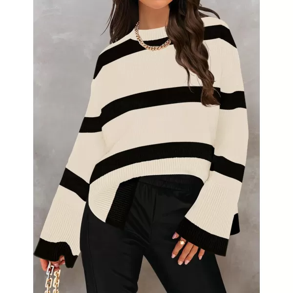 ZESICA Womens 2024 Fall Winter Striped Long Sleeve Crew Neck Ribbed Knit Side Slit Oversized Pullover Sweater Jumper TopNatural