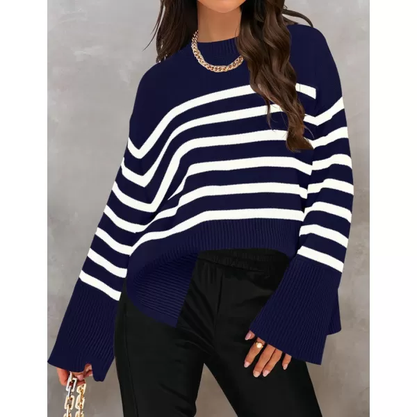 ZESICA Womens 2024 Fall Winter Striped Long Sleeve Crew Neck Ribbed Knit Side Slit Oversized Pullover Sweater Jumper TopNavy