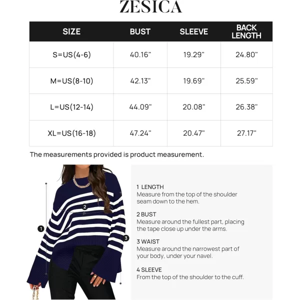 ZESICA Womens 2024 Fall Winter Striped Long Sleeve Crew Neck Ribbed Knit Side Slit Oversized Pullover Sweater Jumper TopNavy