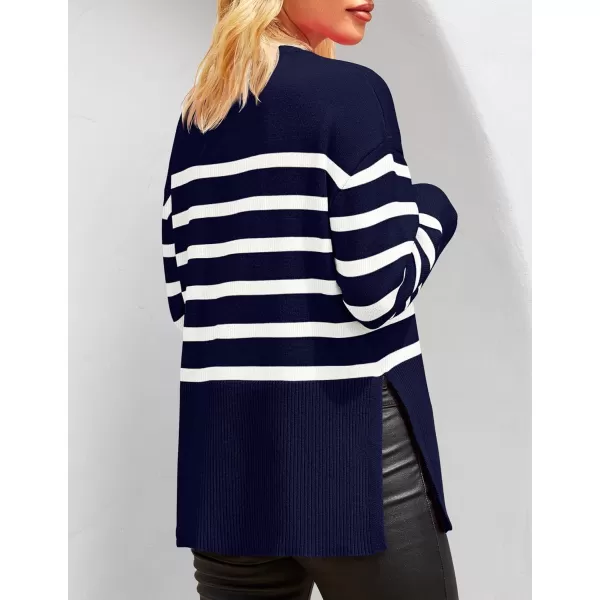 ZESICA Womens 2024 Fall Winter Striped Long Sleeve Crew Neck Ribbed Knit Side Slit Oversized Pullover Sweater Jumper TopNavy