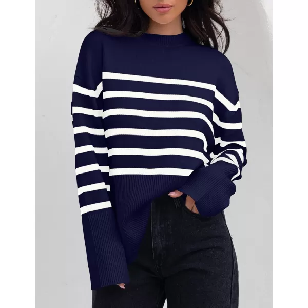 ZESICA Womens 2024 Fall Winter Striped Long Sleeve Crew Neck Ribbed Knit Side Slit Oversized Pullover Sweater Jumper TopNavy