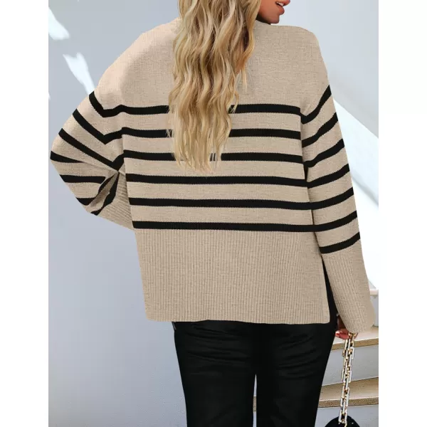 ZESICA Womens 2024 Fall Winter Striped Long Sleeve Crew Neck Ribbed Knit Side Slit Oversized Pullover Sweater Jumper TopOats