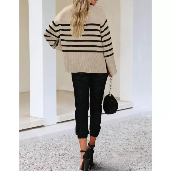 ZESICA Womens 2024 Fall Winter Striped Long Sleeve Crew Neck Ribbed Knit Side Slit Oversized Pullover Sweater Jumper TopOats