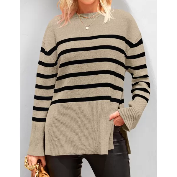 ZESICA Womens 2024 Fall Winter Striped Long Sleeve Crew Neck Ribbed Knit Side Slit Oversized Pullover Sweater Jumper TopOats