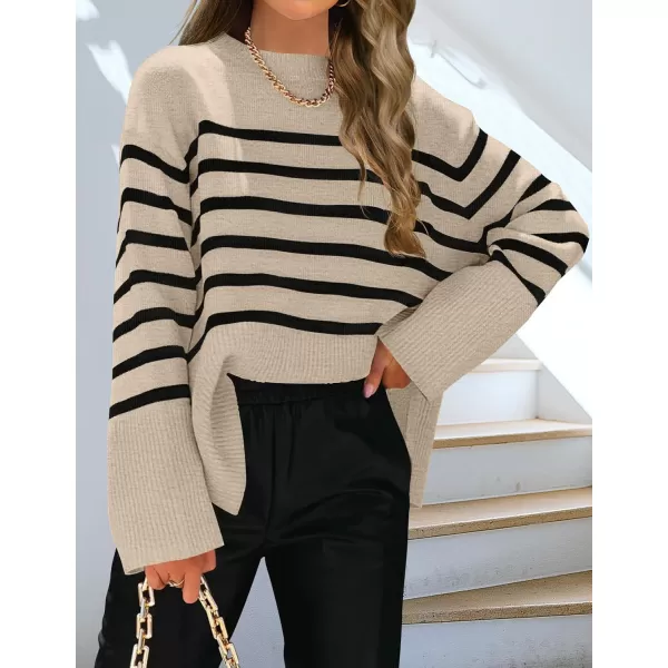 ZESICA Womens 2024 Fall Winter Striped Long Sleeve Crew Neck Ribbed Knit Side Slit Oversized Pullover Sweater Jumper TopOats