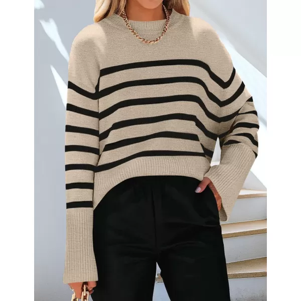 ZESICA Womens 2024 Fall Winter Striped Long Sleeve Crew Neck Ribbed Knit Side Slit Oversized Pullover Sweater Jumper TopOats