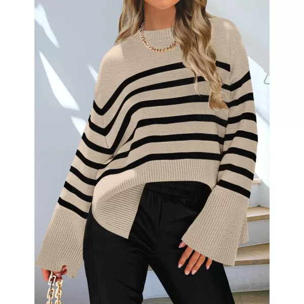 ZESICA Womens 2024 Fall Winter Striped Long Sleeve Crew Neck Ribbed Knit Side Slit Oversized Pullover Sweater Jumper TopOats