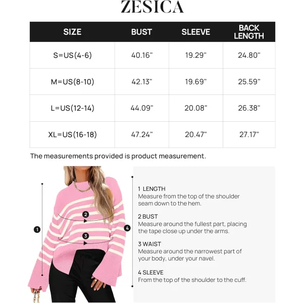 ZESICA Womens 2024 Fall Winter Striped Long Sleeve Crew Neck Ribbed Knit Side Slit Oversized Pullover Sweater Jumper TopPink