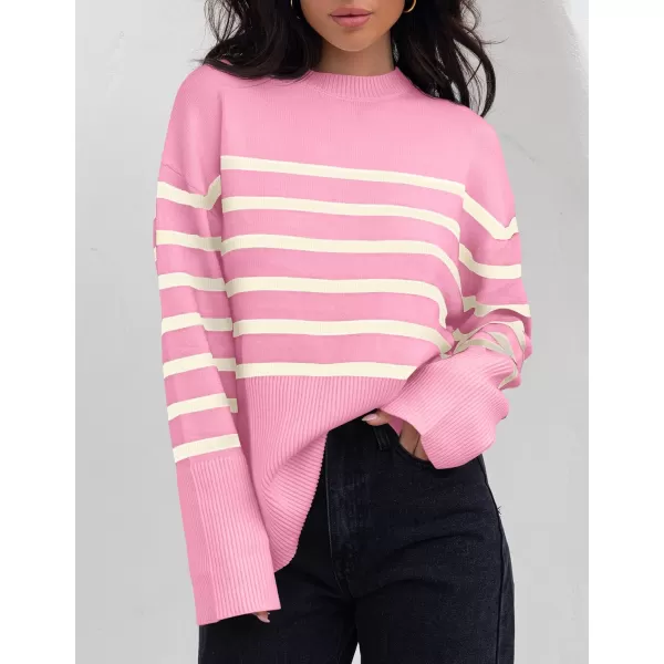 ZESICA Womens 2024 Fall Winter Striped Long Sleeve Crew Neck Ribbed Knit Side Slit Oversized Pullover Sweater Jumper TopPink