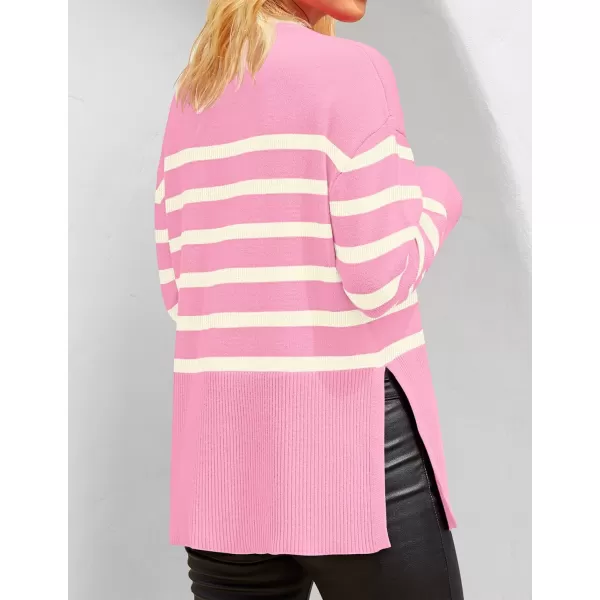 ZESICA Womens 2024 Fall Winter Striped Long Sleeve Crew Neck Ribbed Knit Side Slit Oversized Pullover Sweater Jumper TopPink